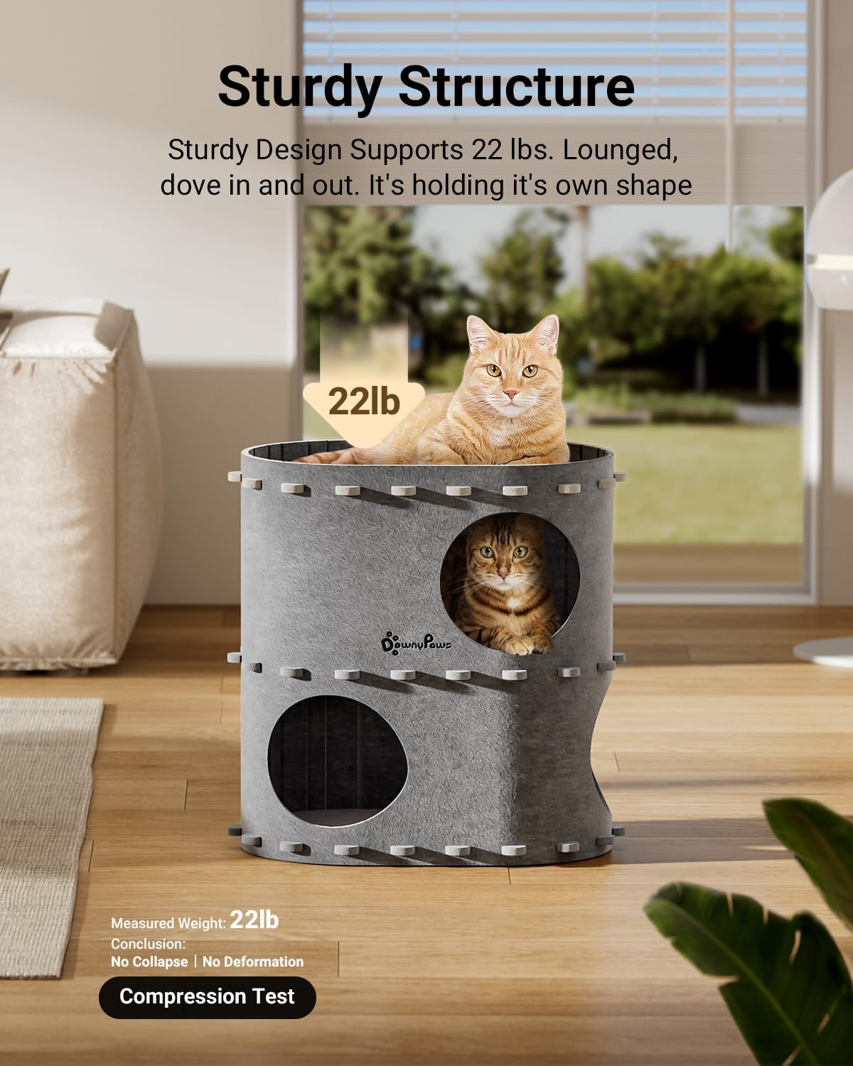 DownyPaws Cat House for Indoor Cats, 2-Storey Foldable Cat Bed Cave, Felt Cats Tunnel Bed Condo, Castle Kitten Cube Hideaway for Multicats, Scratch Resistant, Light Gray - Pet Explorer
