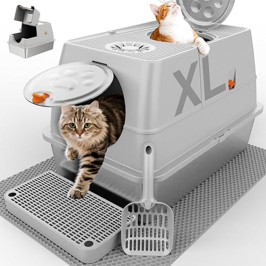 Stainless Steel Litter Box with Lid, XL Extra Large Litter Box, Enclosed Top Entry Metal Litterbox for Big Cats, Easy Cleaning, Anti-Leakage & High Sided with Mat, Aisle & Scoop, Light Grey
