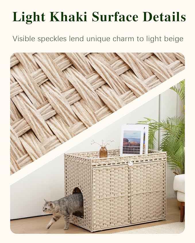 Cat Litter Box Enclosure Furniture, Hidden Litter Box, Cat Litter Box Cabinet with 2 Litter Mats, Handwoven Rattan Large Space Cat House Indoor, Living Room, Bedroom, Apartment Light Khaki