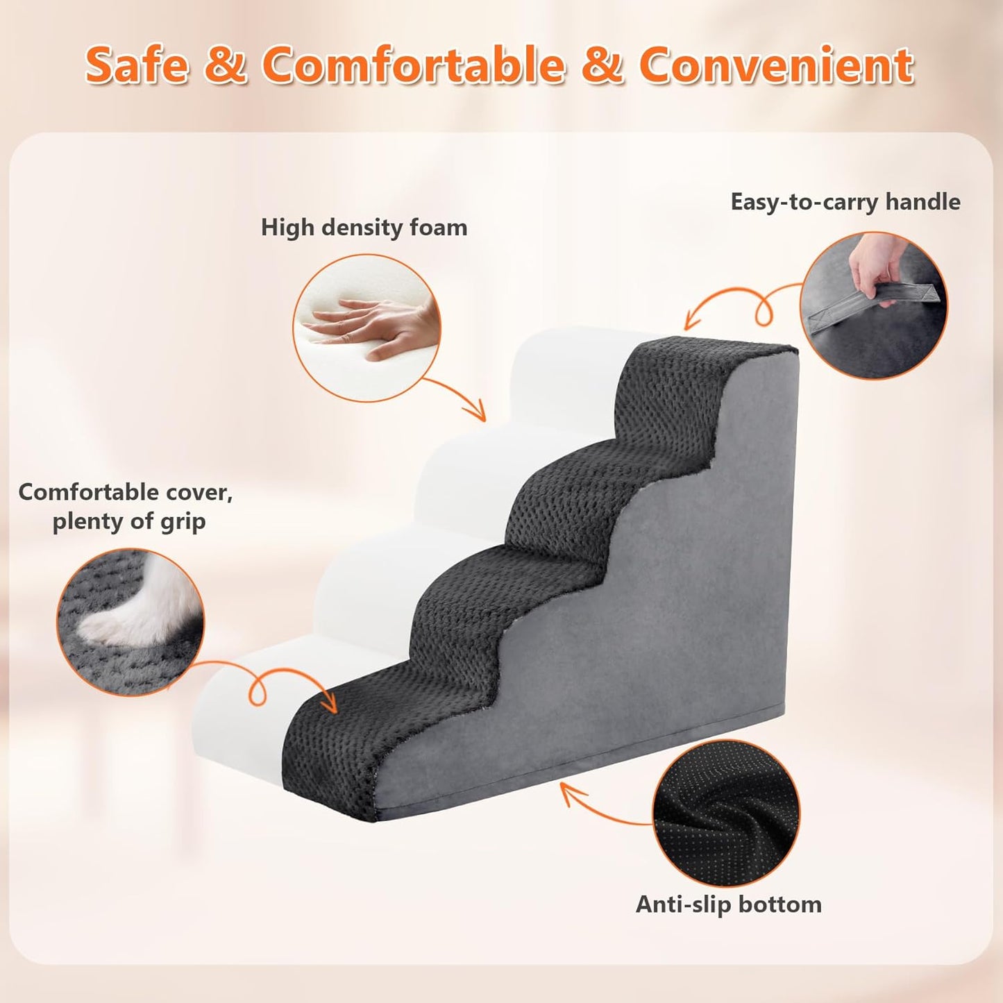 MIHIKK Dog Stairs Ramp, Curved 4-Step Dog Steps for Small Dogs and Cats, Pet Stairs for High Beds and Couch with Anti-Slip Washable Cover and Durable High Density Foam, Dark Grey - Pet Explorer