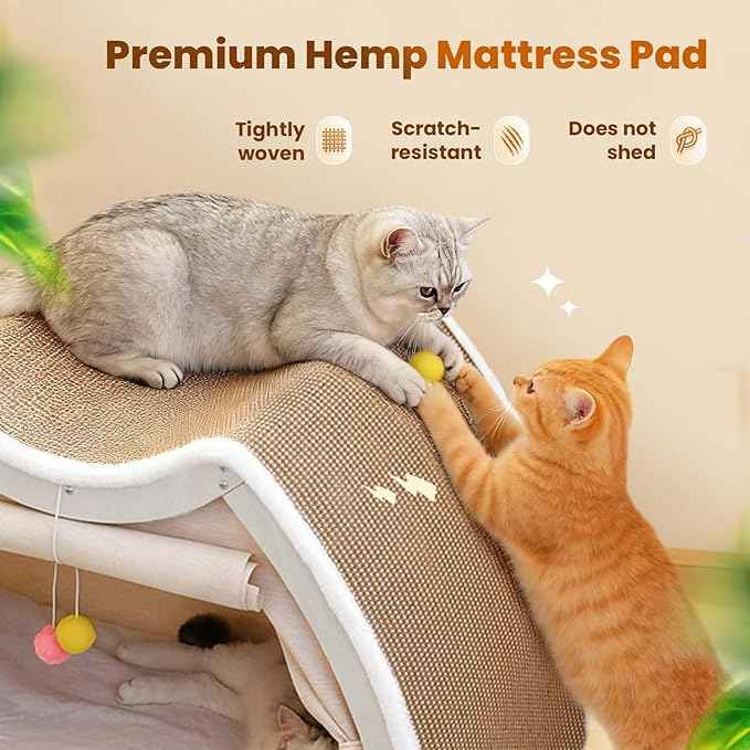 Cat Houses for Indoor Cats - Large Cat Bed Cave with Natural Sisal Cat Scratcher Mat, Solid Wood Frame Cat House with Curtains and Cat Floor Scratching Pad Rug, Protect Couch and Carpets, L