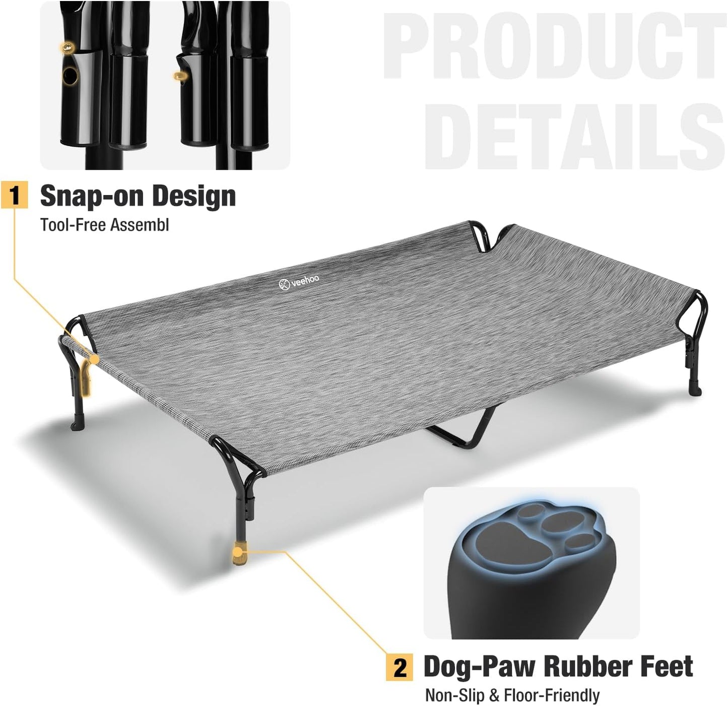 Veehoo Cooling Elevated Dog Bed, XL Raised Pet Cot with Guardrail & Slope Headrest, Durable Breathable Teslin Mesh, Non-Slip Feet, Washable Dog Couch Bed for Indoor & Outdoor, X Large, Black Silver - Pet Explorer