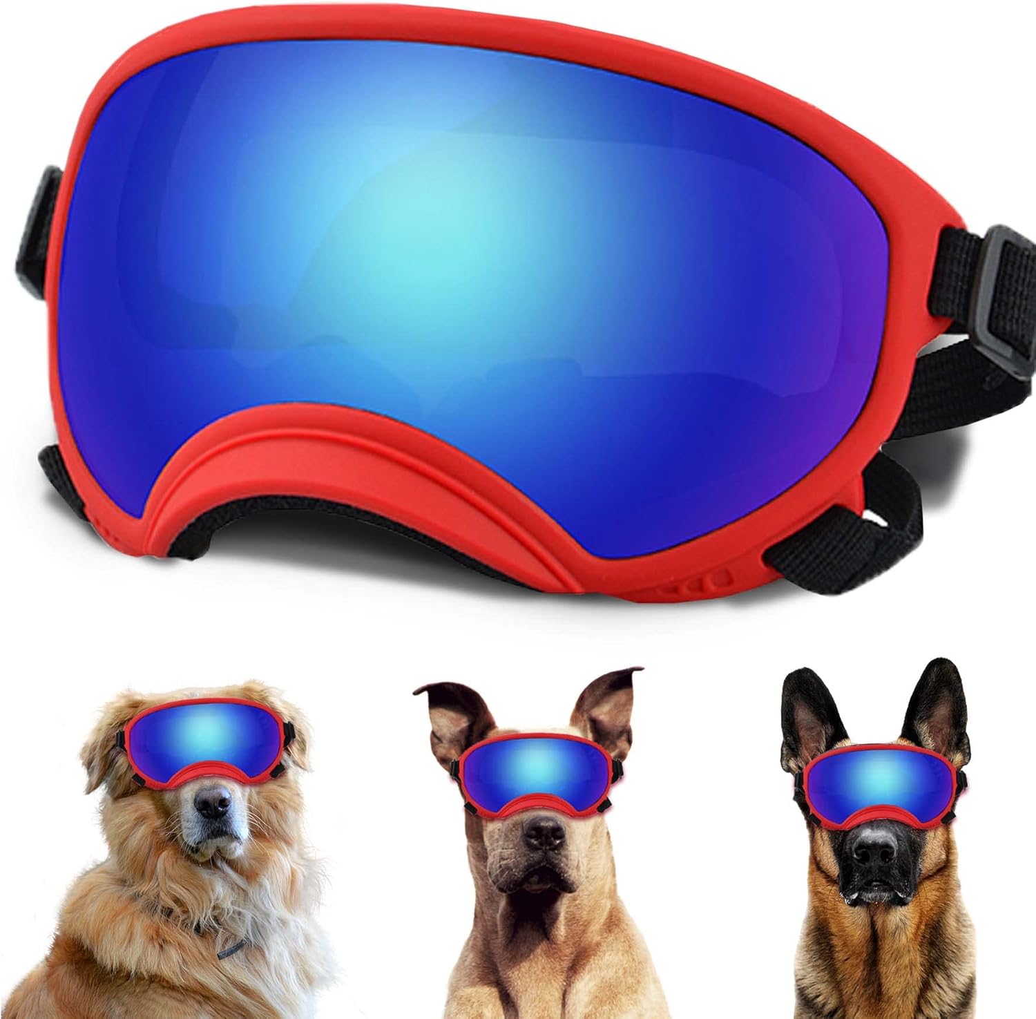 Large Dog Sunglasses with Adjustable Strap UV Protection, Winproof Puppy Sunglasses, Suitable for Medium-Large Pet Glasses, Dogs Eyes Soft Goggles, RedBlue - Pet Explorer