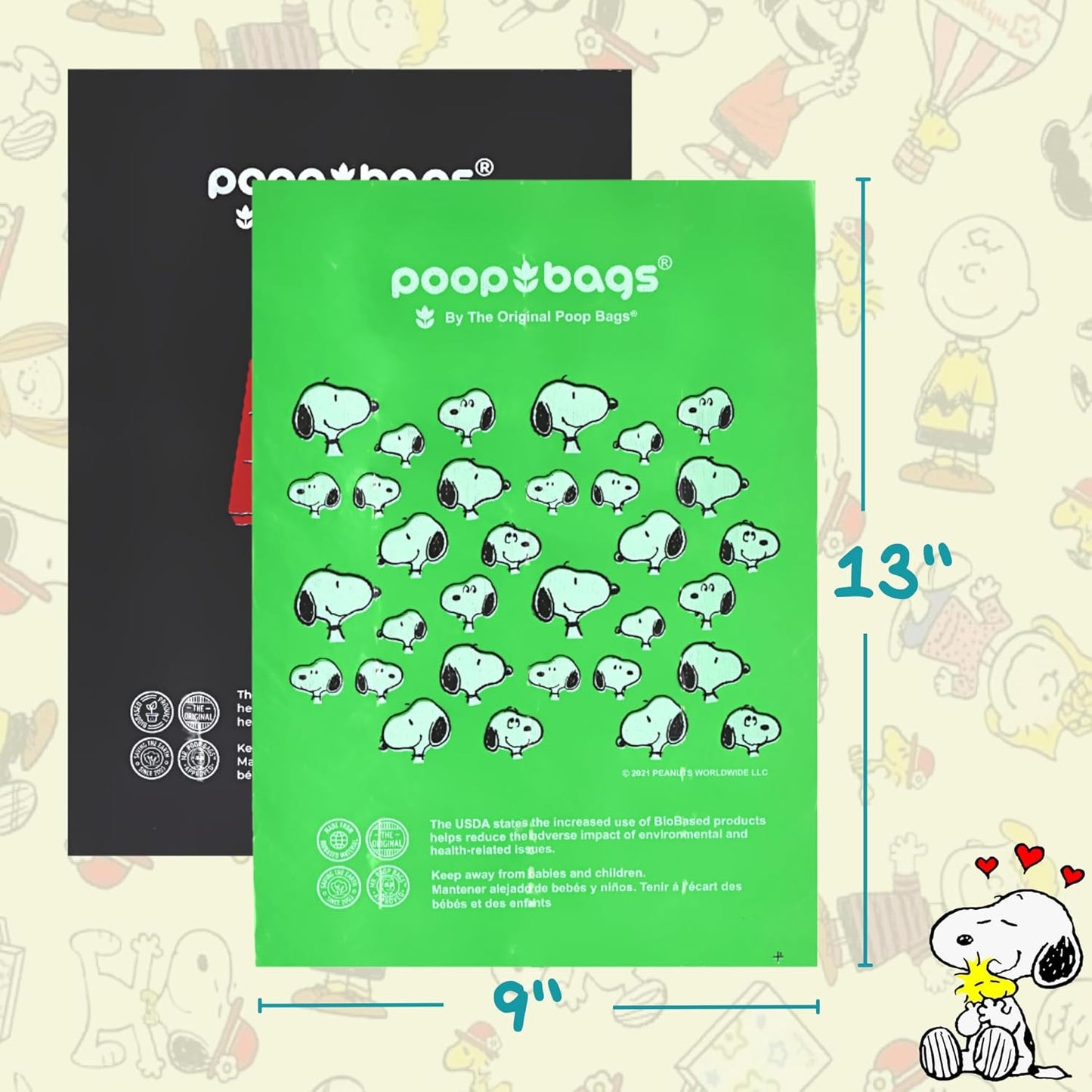 The Original Poop Bags® 38% USDA Biobased Pet Waste Bags, Peanuts Design, Leak-Resistant & Durable, Black/Green, 360 Count - Pet Explorer