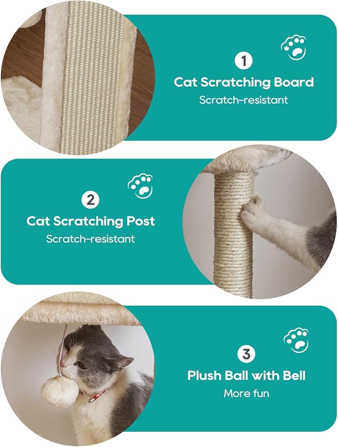 SYANDLVY Small Cat Tree for Indoor Cats, Scratching Board with Perch, Scratching Post for Small Cats, Kittens Scratcher with 2 Dangling Balls, Beige