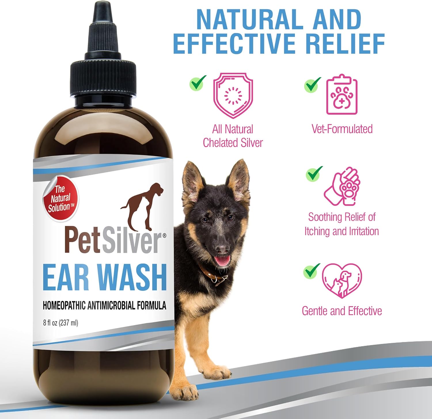 PetSilver Ear Cleaner for Dogs & Cats – Gentle Otic Rinse with Chelated Silver Formula – Supports Clear, Comfortable Ears – Easy to Use – Thoughtfully Made in The USA with Care – 8 fl oz - Pet Explorer