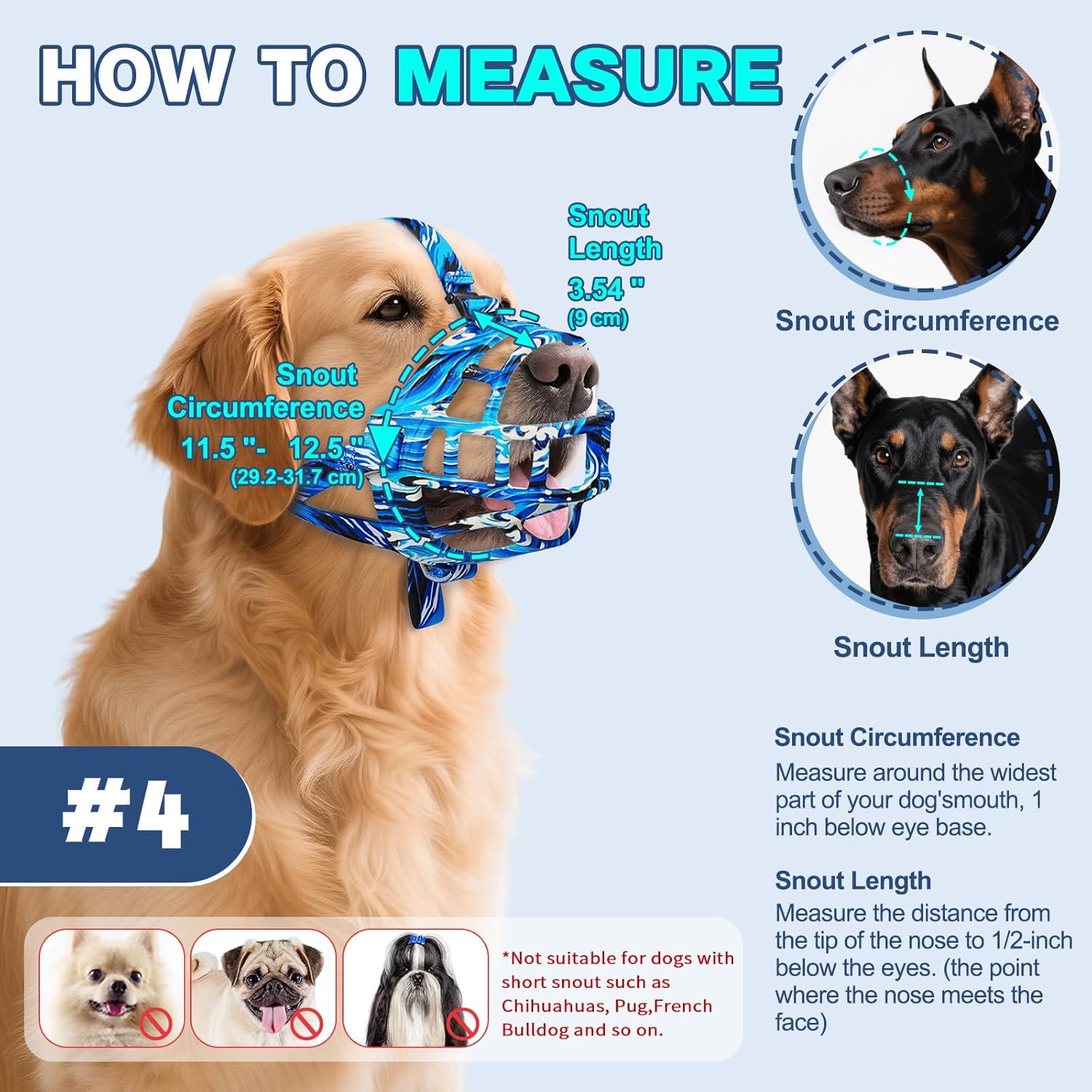 Basket Muzzle to Prevent Biting, Dog Muzzle for Large Medium Small Dogs Allows Panting Drinking Anti Chewing, Perfect for Grooming Trimming Training and Aggressive Reactive Dogs (Blue, Size 4) - Pet Explorer