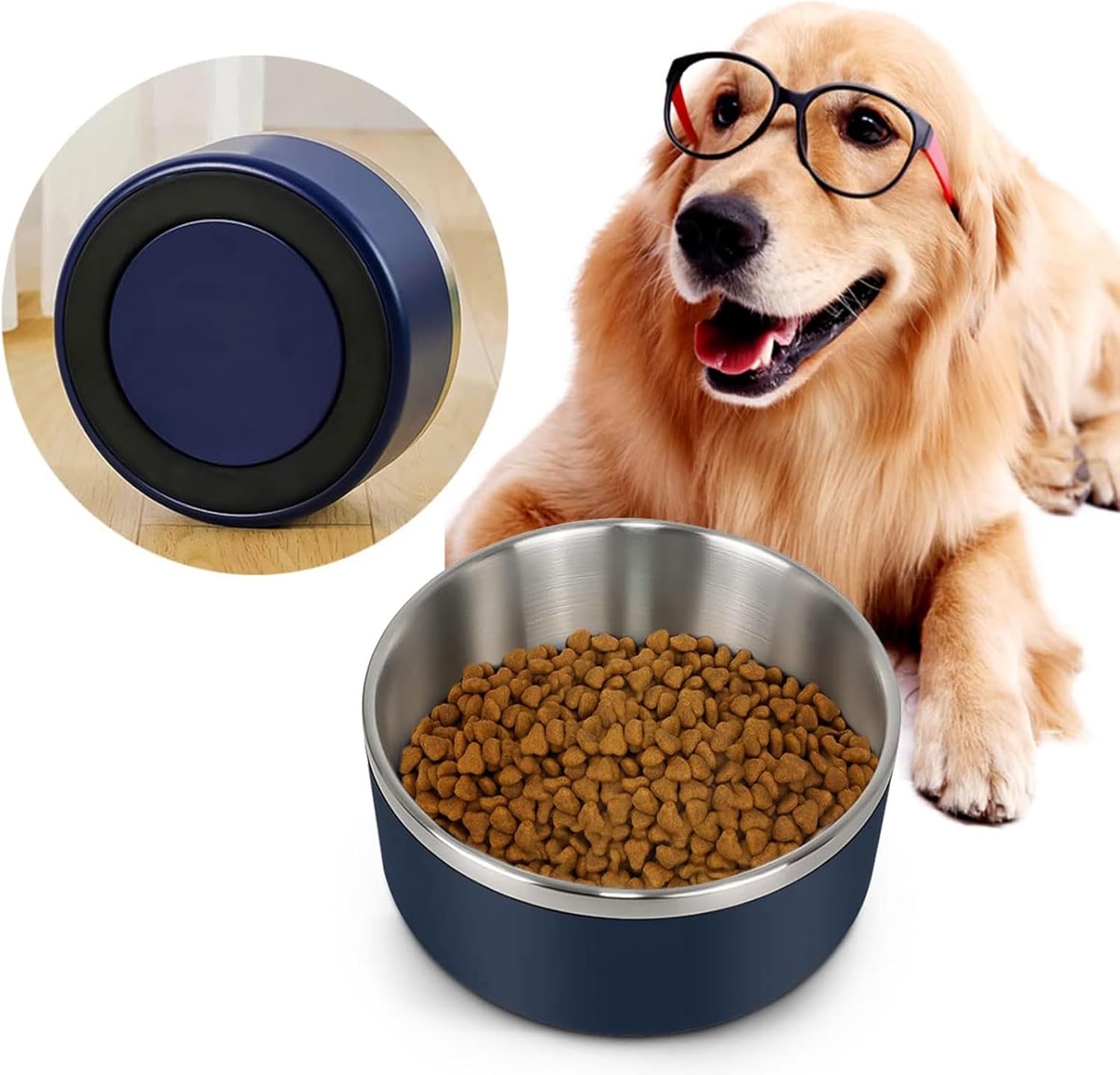 IKITCHEN Dog Bowl for Food and Water, 64 Oz Stainless Steel Pet Feeding Bowl, Durable Non-Skid Double Wall Insulated Heavy Duty with Rubber Bottom for Medium Large Sized Dogs (64 Ounces/8 Cup, Blue) - Pet Explorer