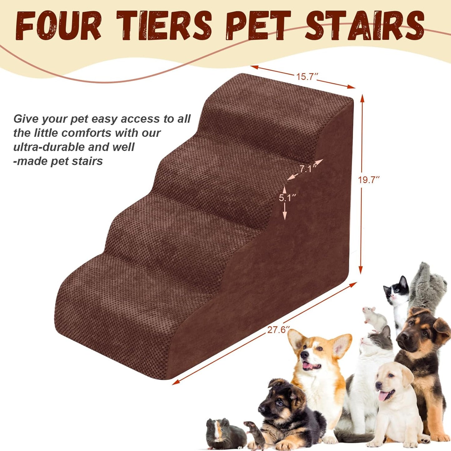 Dog Stairs for Small Dogs - High Density Foam Pet Steps, Extra Wide Dog Ramp with Non-Slip Bottom for High Beds, Couch and Sofa, Best for Dogs Injured, Older Doggy Cats,4 Steps, Brown - Pet Explorer