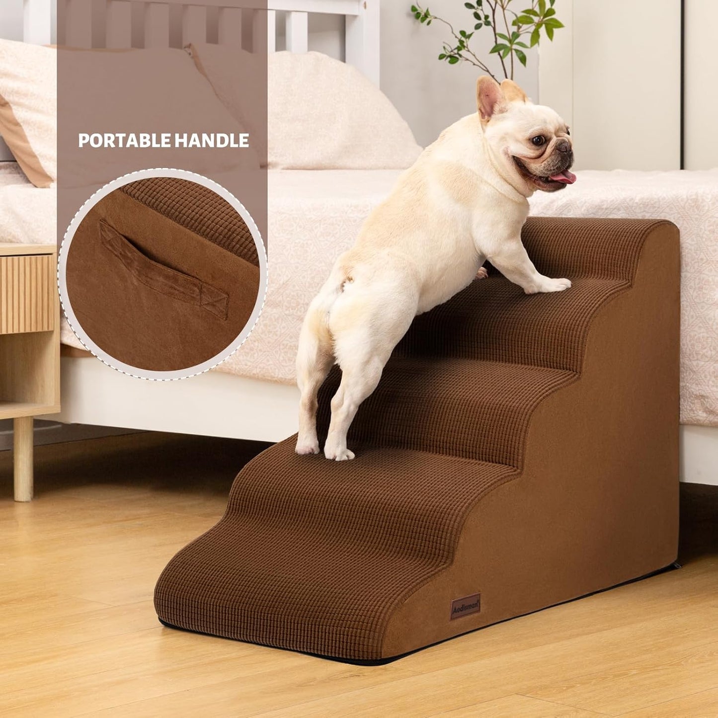 5-Step Dog Stairs and Ramp for High Bed,Non-Slip Sturdy Pet Steps for Small Dogs and Cats,22.2" H,Brown - Pet Explorer