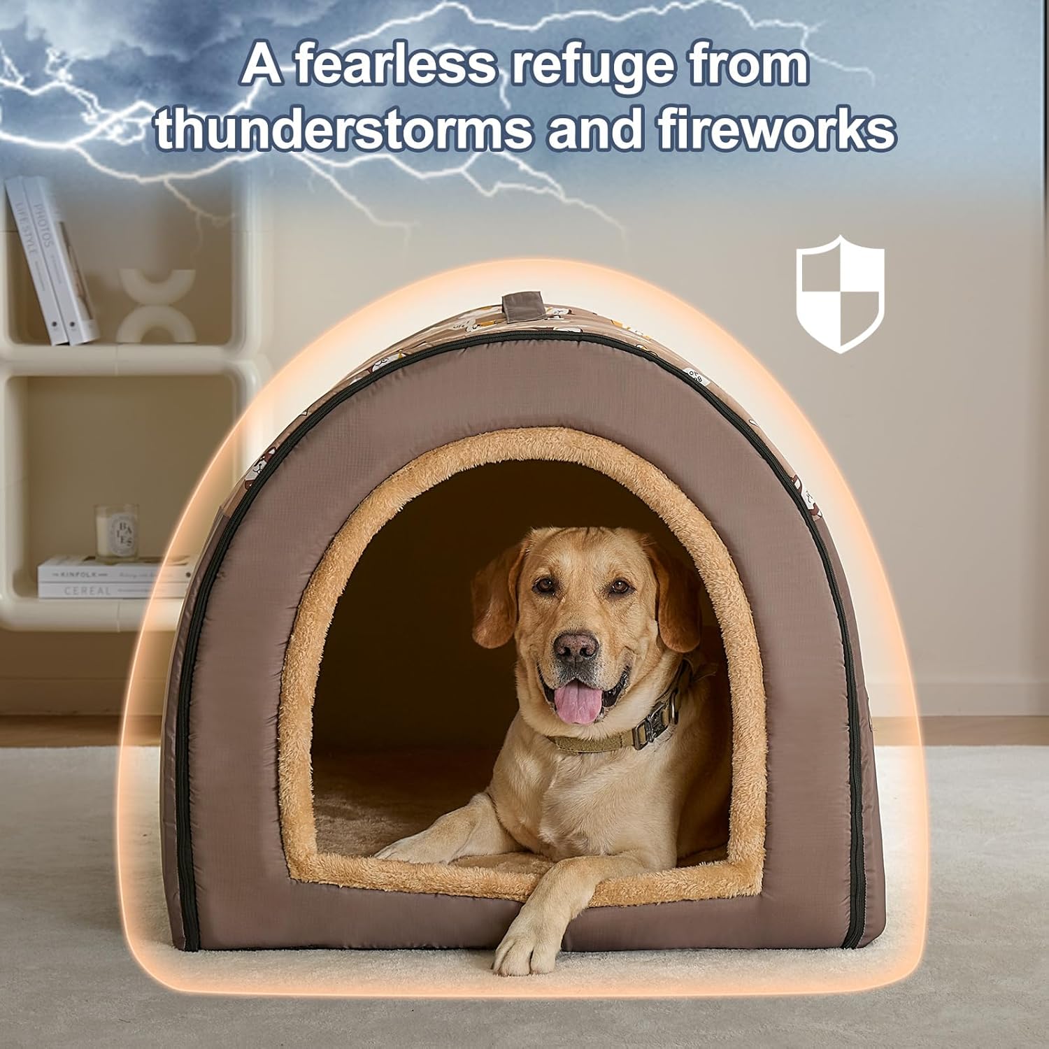 Jiupety 2 in 1 Dog House Indoor, Comfy Cave Bed Covered Dog Bed, Portable House for Large Dogs, 3XL(39"×32"×28"), Up to 90 Lb, Brown - Pet Explorer