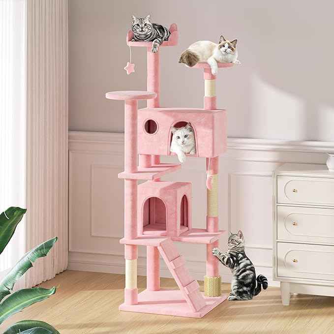 MoNiBloom 77 Inch Cat Tree Tower for Indoor Cats Large Adults, Tall Cat Tower with Scratching Post, Multi-Level Furniture Activity Center with Cat Condo Pet Play House, Soft Pink