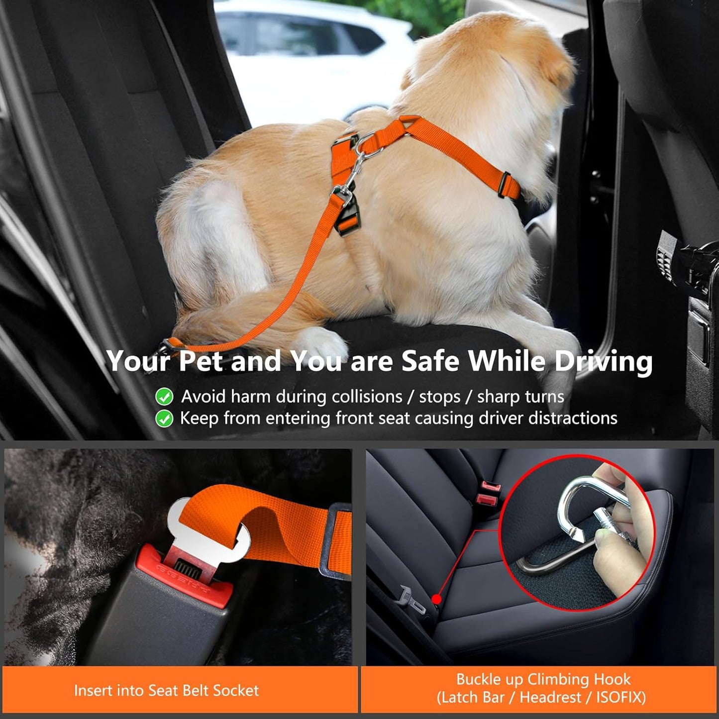 Dog Seat Belt, Safety Vest Dog Car Harness with Adjustable Buckle Dog Seat Belt for Vehicle Nylon Pet Safety Seat Belts Heavy Duty(M, Orange) - Pet Explorer