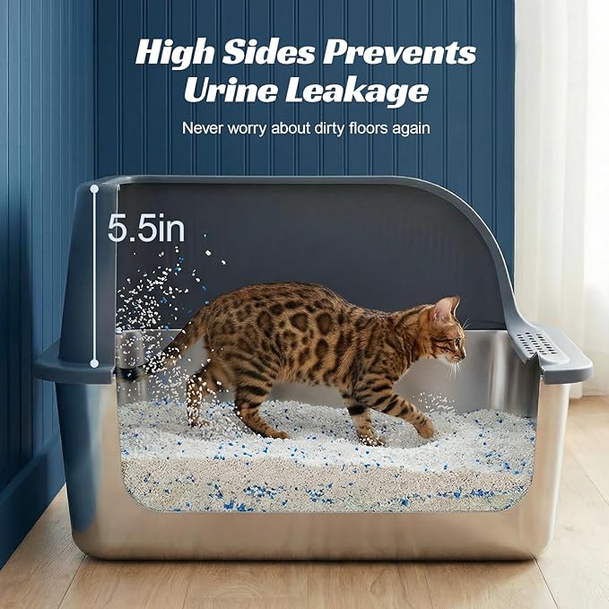 Stainless Steel Cat Litter Box with High Sided Lid, Metal Kitty Litter Box with Scoop for Small & Medium Cats, Anti-Urine Leakage, Easy to Clean,Non-Sticky,Grey