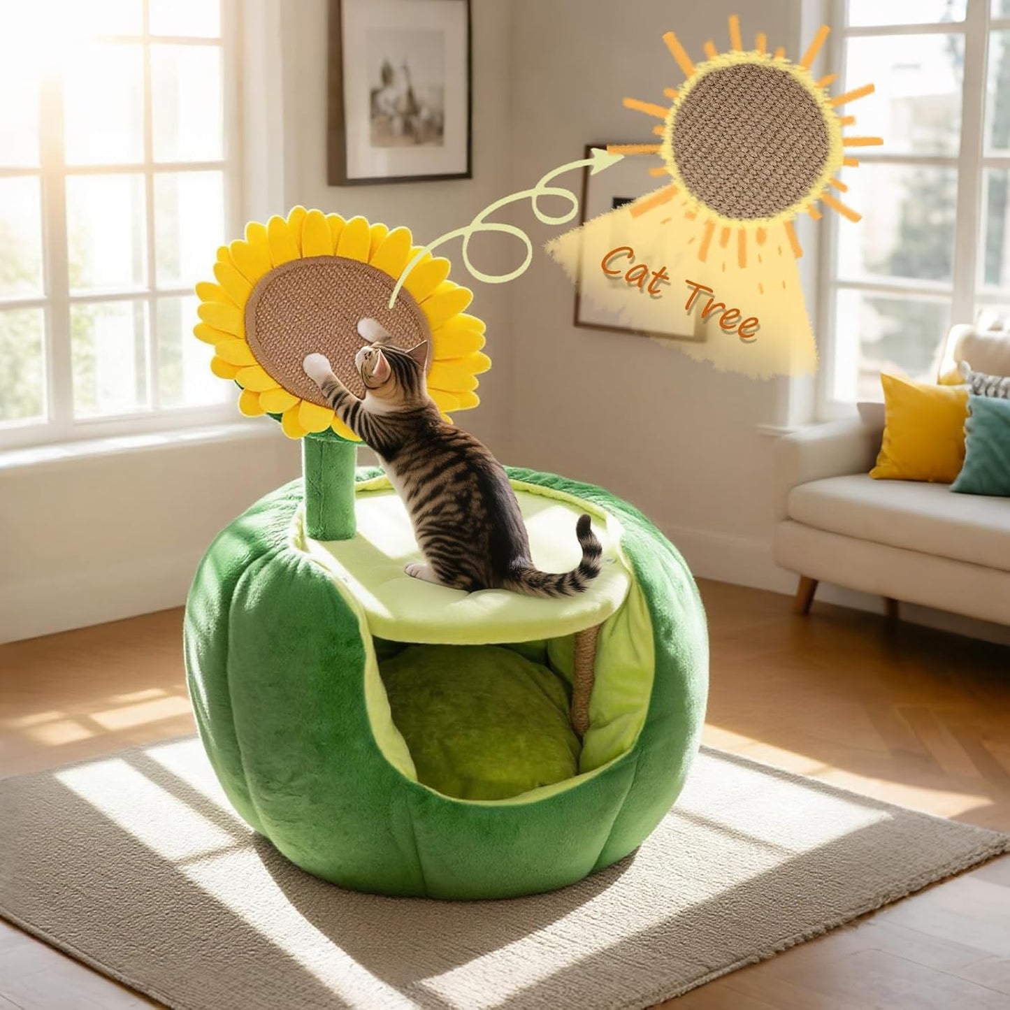 Cat Houses for Indoor Cats, Small Cat Tree with Sisal Mat and Plush Perch, Cute Cat Bed Cave with Soft Pillow, Sunflower Design - Pet Explorer