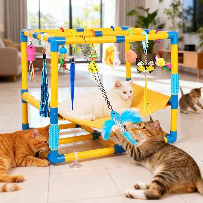 Cat Jungle Gym With Hanging Interactive Toys,Hammock Cat Activity Center For Kittens With Cat Self Groomer,Removable PVC Frame With Colored Spring Rope, Cat Enrichment Toys For Bored Indoor Adult Cats