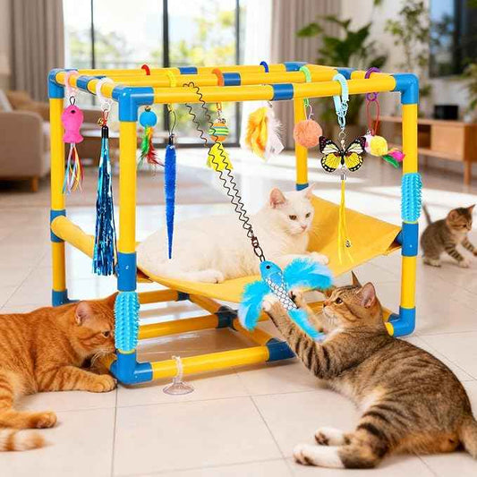 Cat Jungle Gym With Hanging Interactive Toys,Hammock Cat Activity Center For Kittens With Cat Self Groomer,Removable PVC Frame With Colored Spring Rope, Cat Enrichment Toys For Bored Indoor Adult Cats