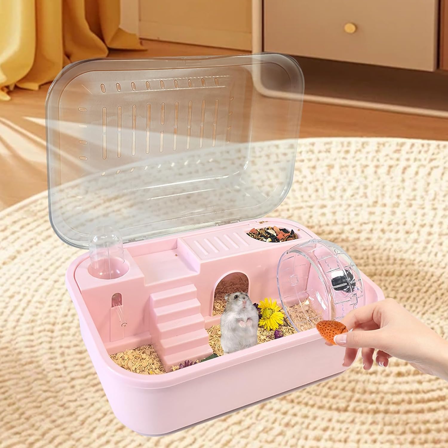 Hamiledyi Small Hamster Cage Clear Plastic Hamster Cage Portable Carrier with Water Bottle Exercise Wheel Bathtub Box Set Toy for Dwarf Baby Hamster (Pink) - Pet Explorer