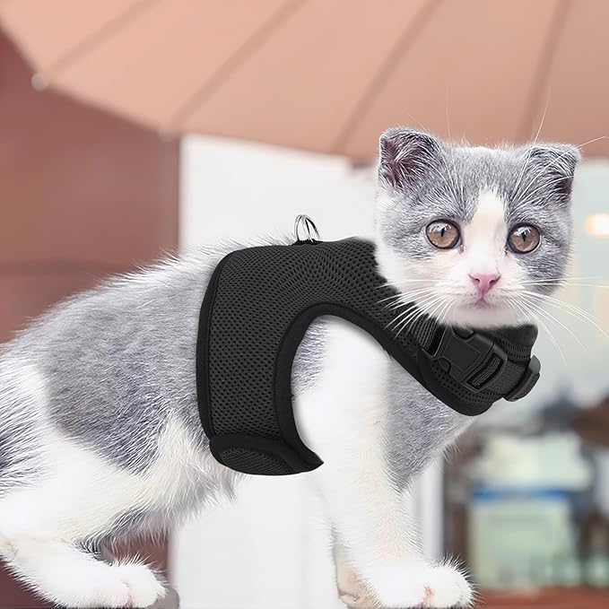 Athena Collection Adjustable Cat Harness with Velcro, Portable Extra Small Cat Vest Harness Breathable Comfy Escape Proof Cat Kitten Harness Pet Supplies for Outdoor Walking, Training, Black