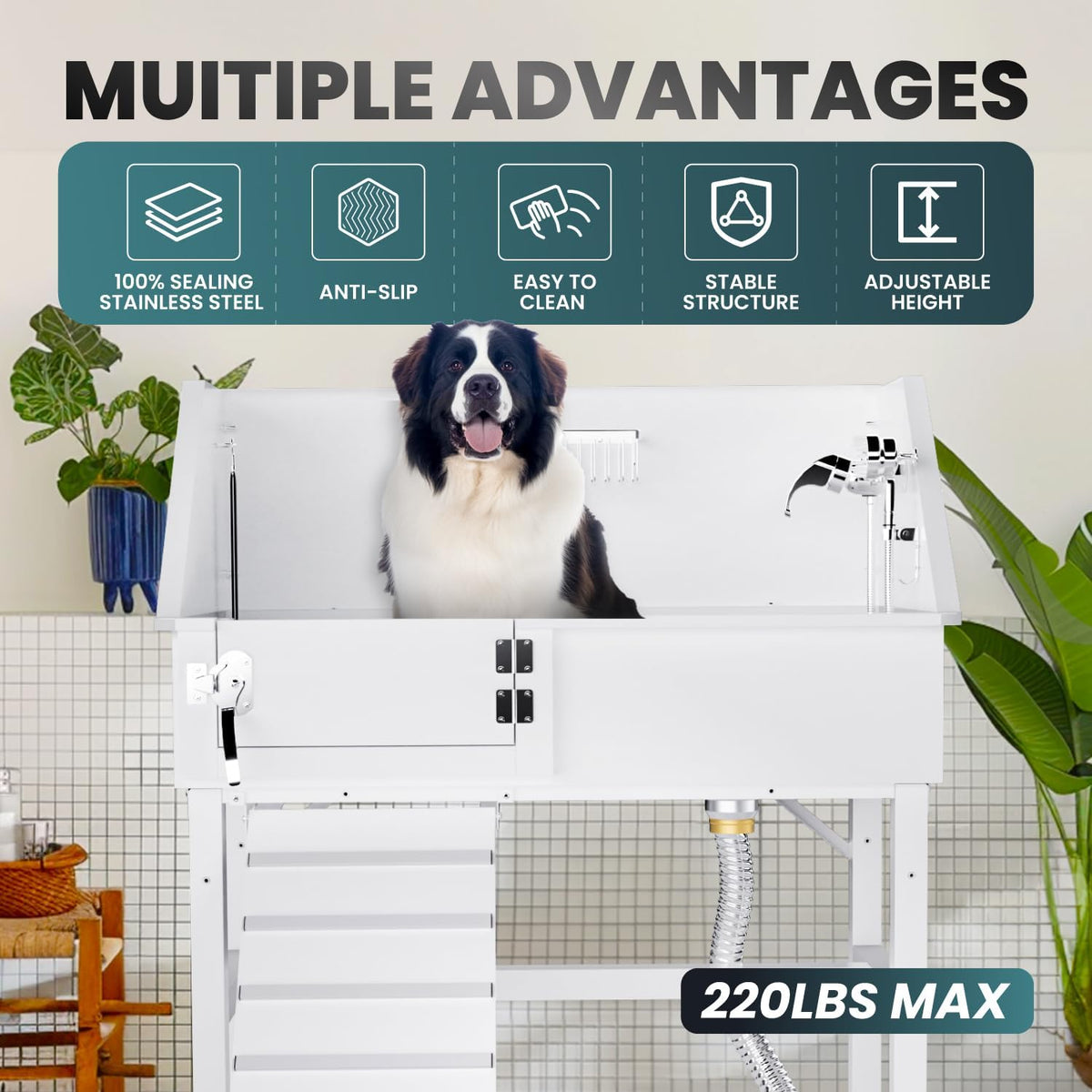 Dog Washing Station for Home, 38" White Professional Stainless Steel Dog Grooming Tub, Height Adjustable Dog Bathing Station, Upgrade Parts, Dog Bath Tubs for Small & Medium Dogs(Left Ramp) - Pet Explorer