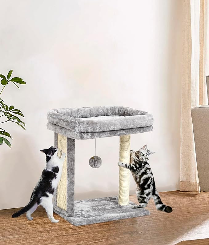 SYANDLVY Cat Tree with Scratching Post for Indoor Cats, Scratching Board with Perch, Cat Post Scratcher with 2 Dangling Balls, Great for Kittens, Grey