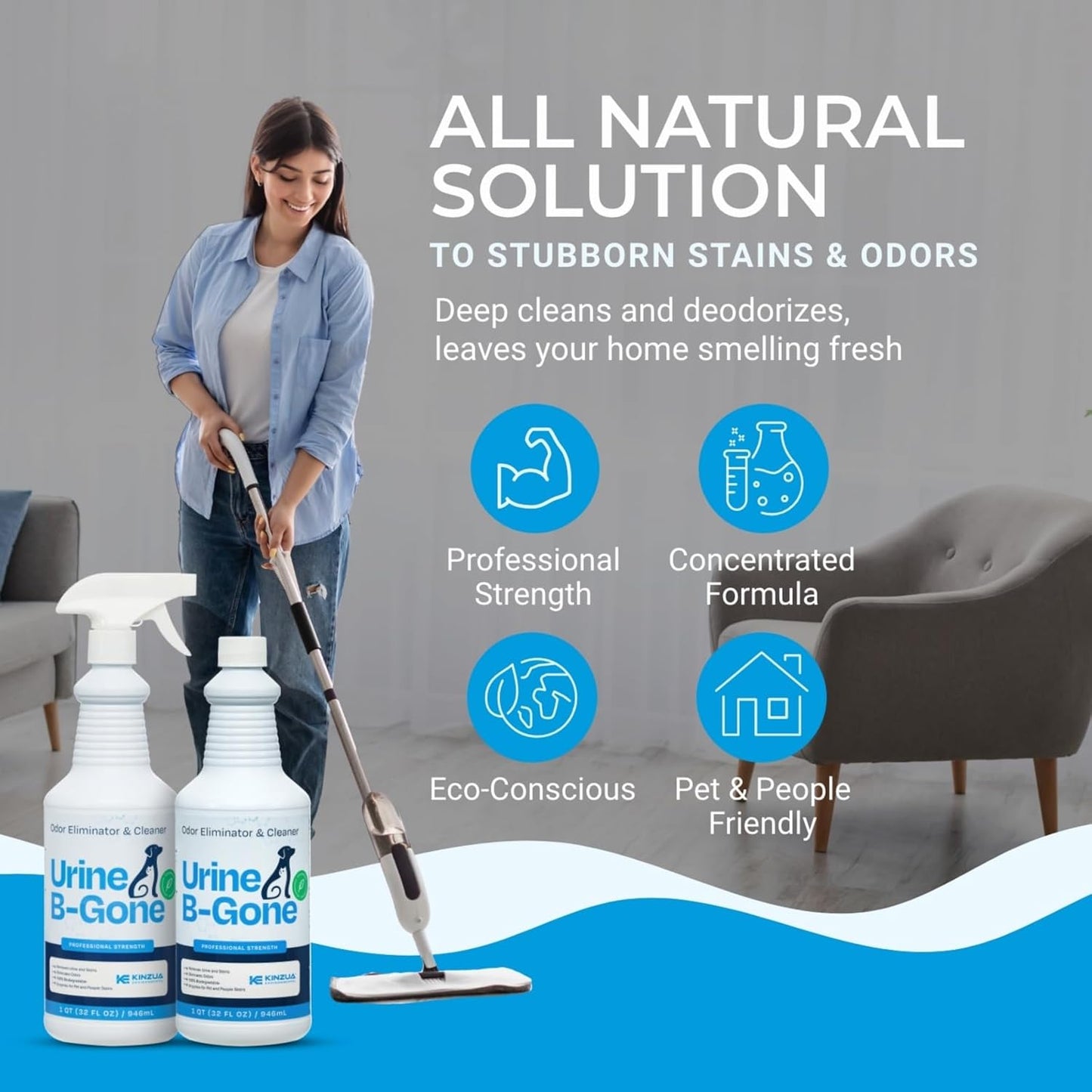KINZUA ENVIRONMENTAL Urine B-Gone, Professional Enzyme Odor Eliminator & Pet Stain Remover, Human, Cat & Dog Urine Cleaner, Effective on Laundry, Carpets & More, Original Scent, 32oz, Pack of Two - Pet Explorer