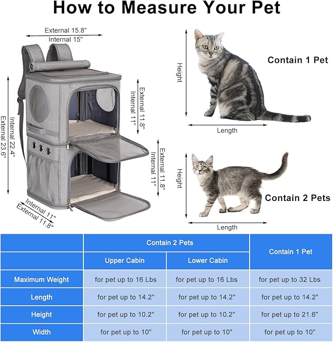 2-in-1 Extra Large Double Pet Carrier Backpack for Small Cats and Dogs, Portable Pet Travel Carrier, Super Ventilated Design, Ideal for Traveling/Hiking/Camping, XL