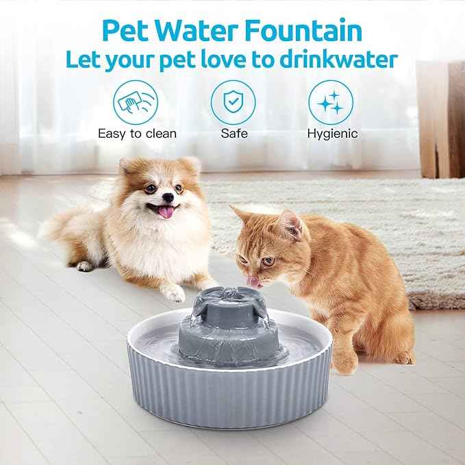 2.1L Ceramic Cat Water Fountain-for Cats and Dogs, 360 Ceramic Pet Fountain-70 Oz Large Water Capacity - Whisper-Quiet Water Flow-Great for Shy or Timid Pets - Fresh, Filtered Water (Grey)