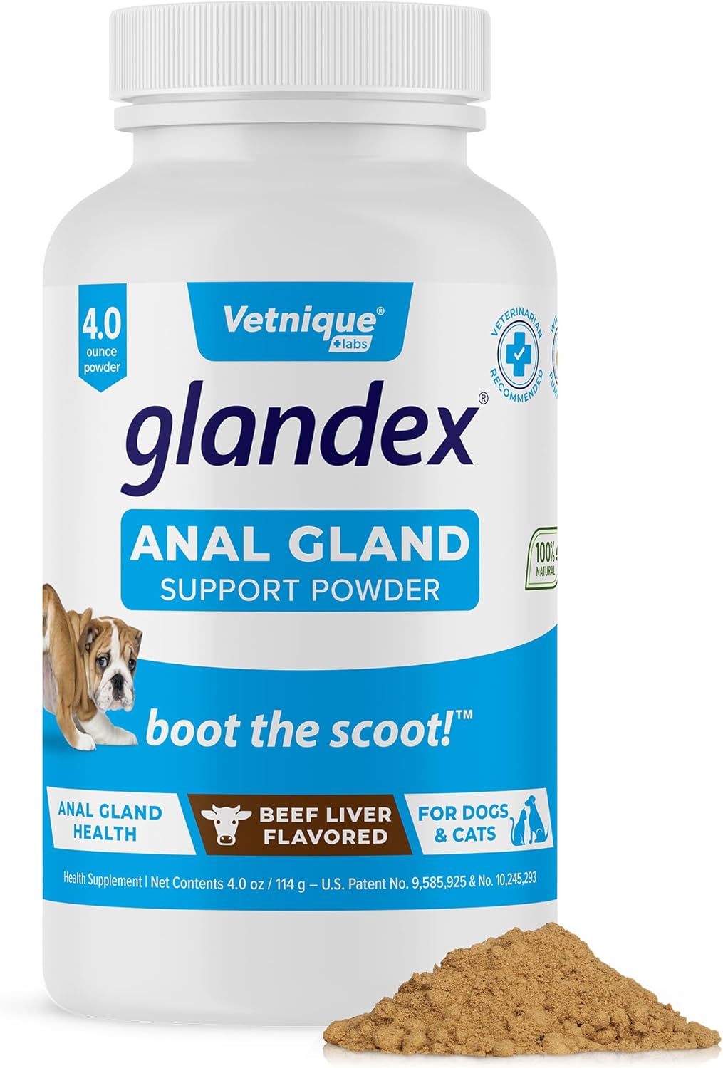 Vetnique Labs Glandex Dog Fiber Supplement Powder for Anal Glands with Pumpkin, Digestive Enzymes & Dog Probiotics for Digestive Health - Vet Recommended - Boot The Scoot (Beef Liver, 4.0oz Powder) - Pet Explorer