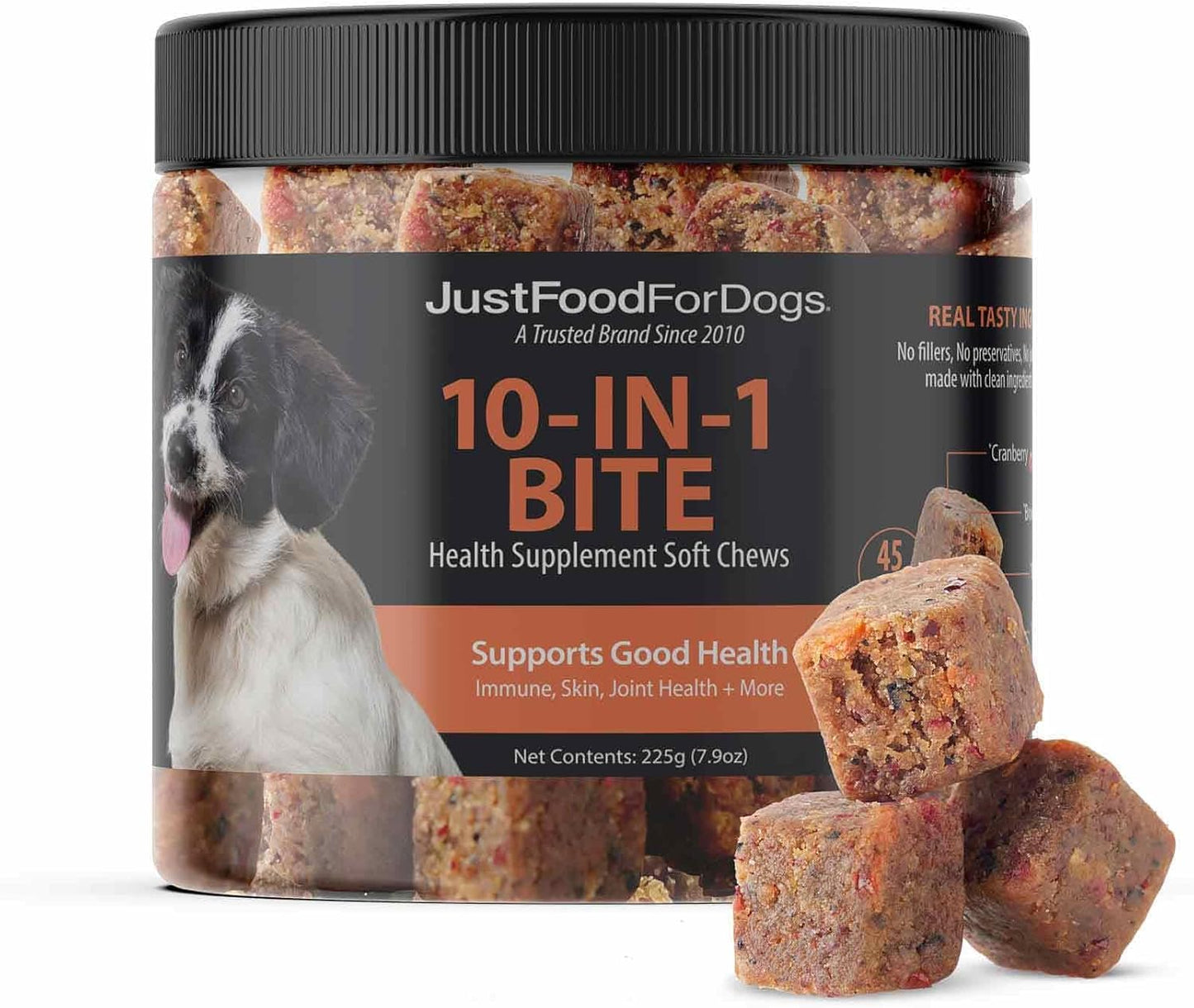 JustFoodForDogs 10-in-1 Multifunctional Supplement Chews for Dogs, Superfood Blend, Glucosamine, Omega-3 Fatty Acids, Skin Health, Joint Health, Probiotics, Plant-Based, Human Grade - 45 Count - Pet Explorer