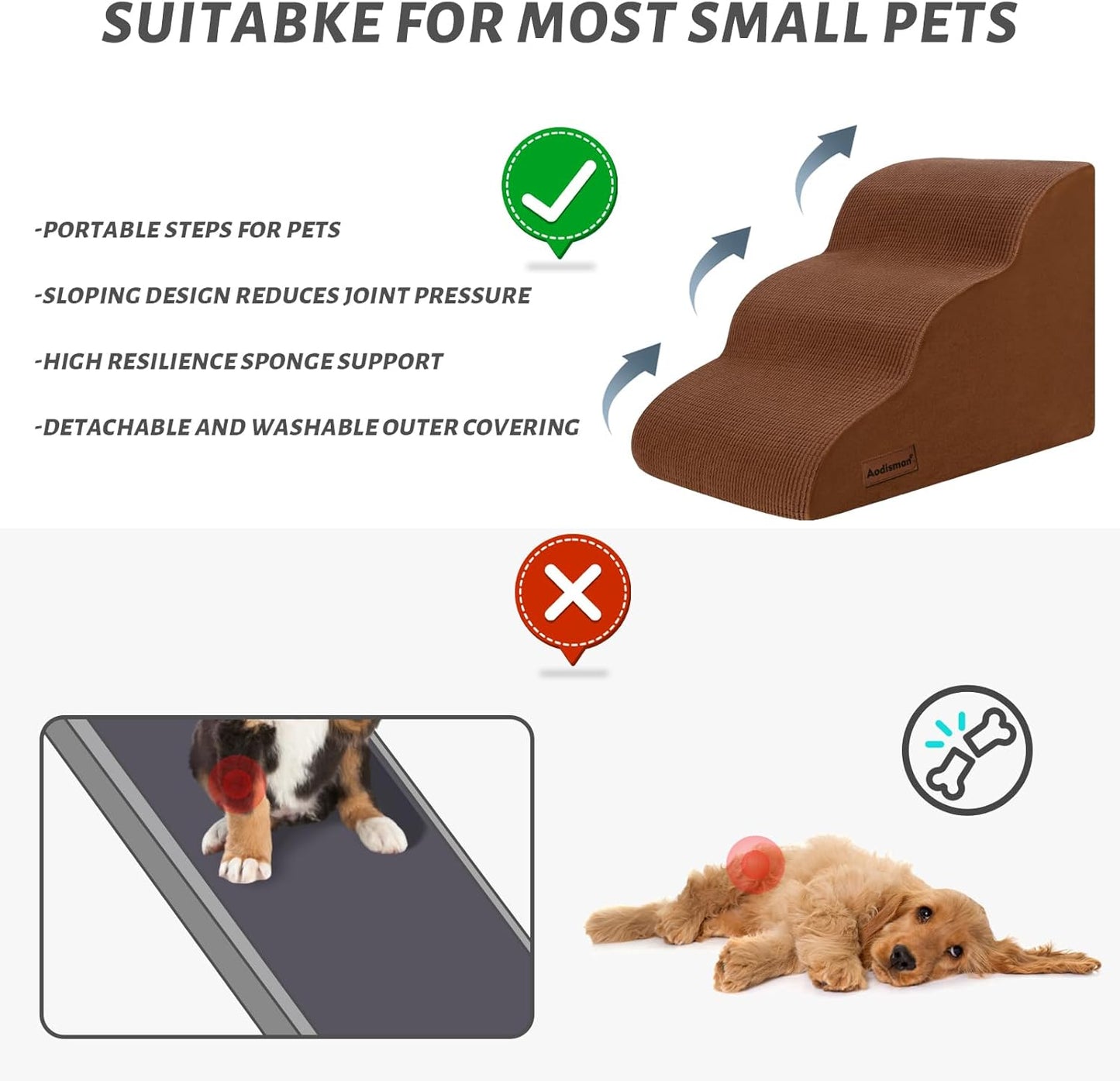 3-Step Dog Ramp and Stairs for Sofa and Chair - Non-Slip Sturdy Pet Steps for Small Dogs and Cats,15.7" H,Brown - Pet Explorer