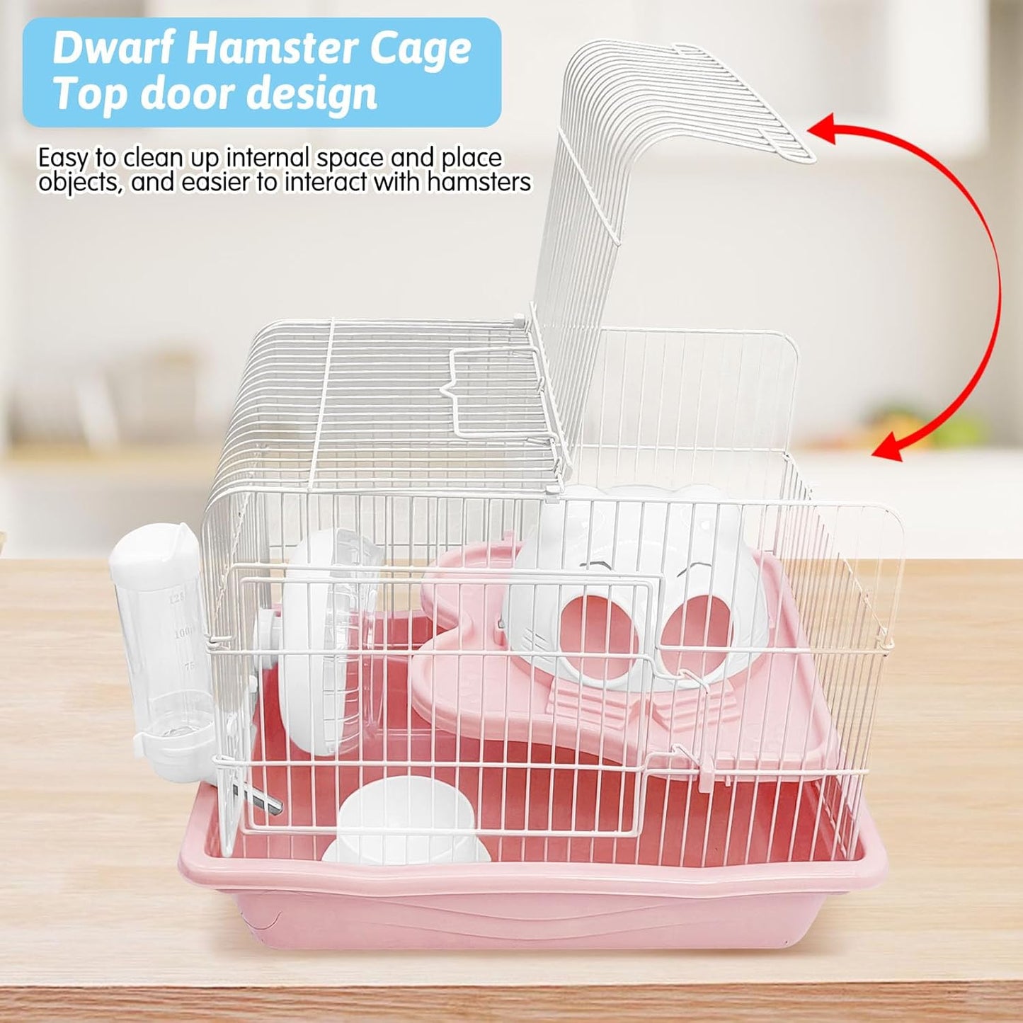PINVNBY Dwarf Hamster Cage, Small Animal Cages, 2-Tier Travel Portable Mouse Cage Hamster Carrier with Castle House Running Exercise Wheels, Water Bottle and Food Dis（Pink） - Pet Explorer