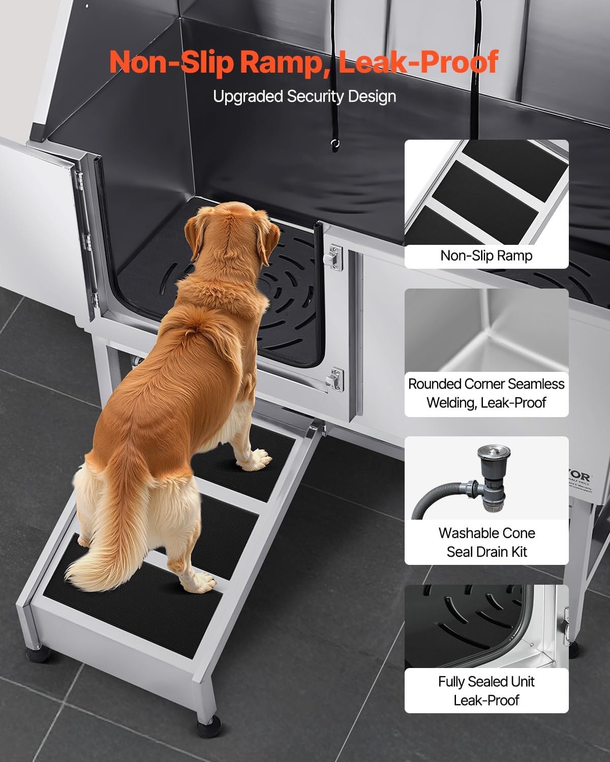 VEVOR Stainless Steel Dog Washing Station, 50 inch Pet Grooming Tub w/Ramp, PE Water Filter Board, Faucet & Showerhead & Soap Holder Dog Bathtub for Large & Medium & Small Pets (Left Door) - Pet Explorer