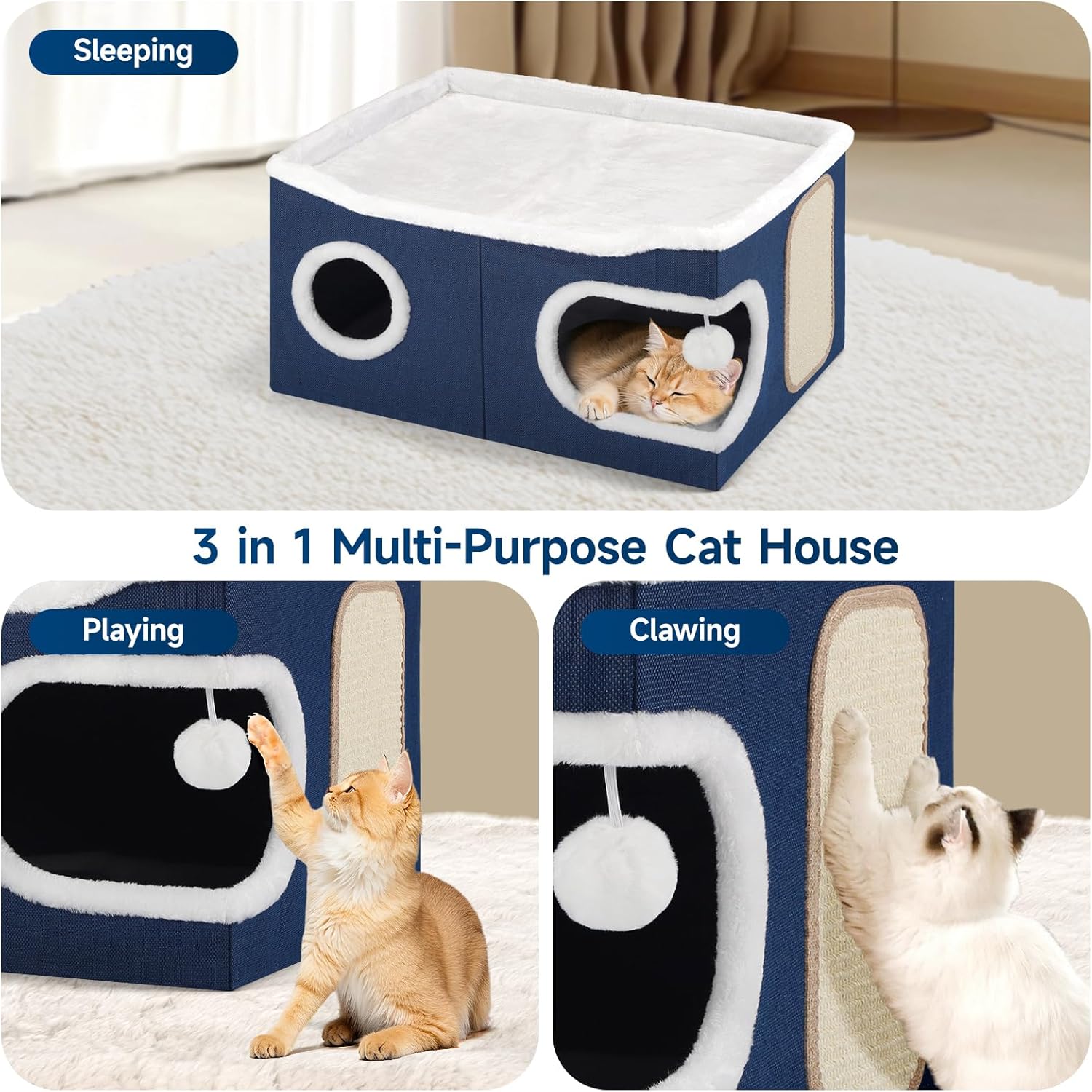 Cat Beds for Indoor Cats, Extra Wide Cat Cube House for Multi Cats, Foldable Cat Cave Hideaway with Arc-Edge Design & Oval Door, Double-Side Soft Cushion for All Seasons, 24"L x 17.7"D x 12.6"H, Blue - Pet Explorer