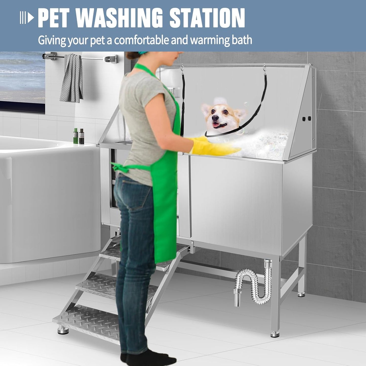 50" Dog Washing Station, Professional Stainless Steel Dog Bathing Station, Equipped/W Three Anti-Slip Steps, Removable Door, Upgraded Spray Nozzle&Hose - for Home, Pet Grooming Salon (50" Left ramp) - Pet Explorer