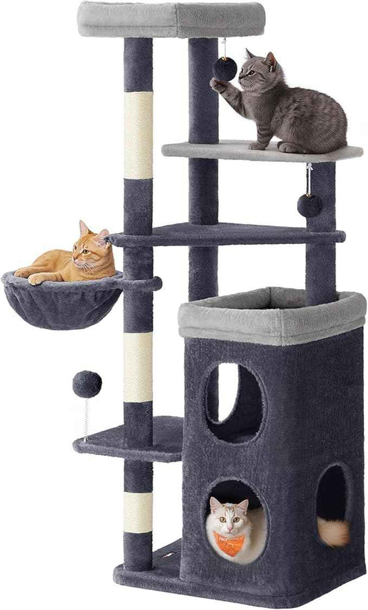 Feandrea Cat Tree, 60-Inch Cat Tower, Multiple-Level Plush Condo with 2 Caves, 3 Scratching Posts, 3 Perches, Dark Gray UPCT007G02