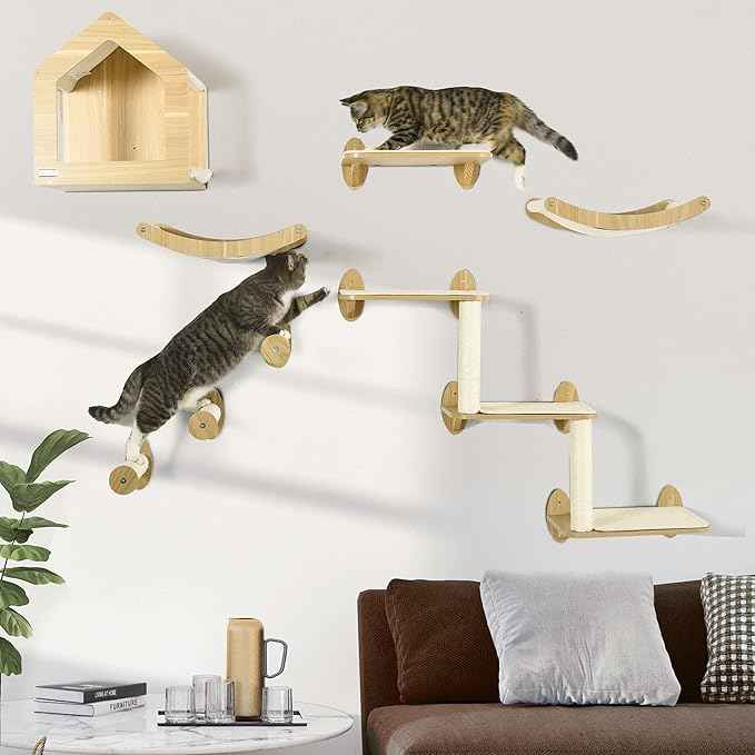 10-Piece Wall-Mounted Cat Tree Set, Multi-Level Cat Climbing Shelves with House, Hammocks, Perches and Scratching Posts for Indoor Cats, Wooden Cat Furniture