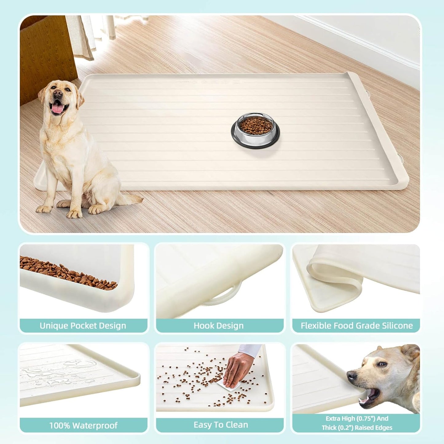 Dog Mat for Food and Water - 39.4" x 27" Large Pet Feeding Mats with Residue Collection Pocket - Waterproof Dog Cat Bowl Mat with High Edges to Prevent Water and Food Spills (Cream) - Pet Explorer