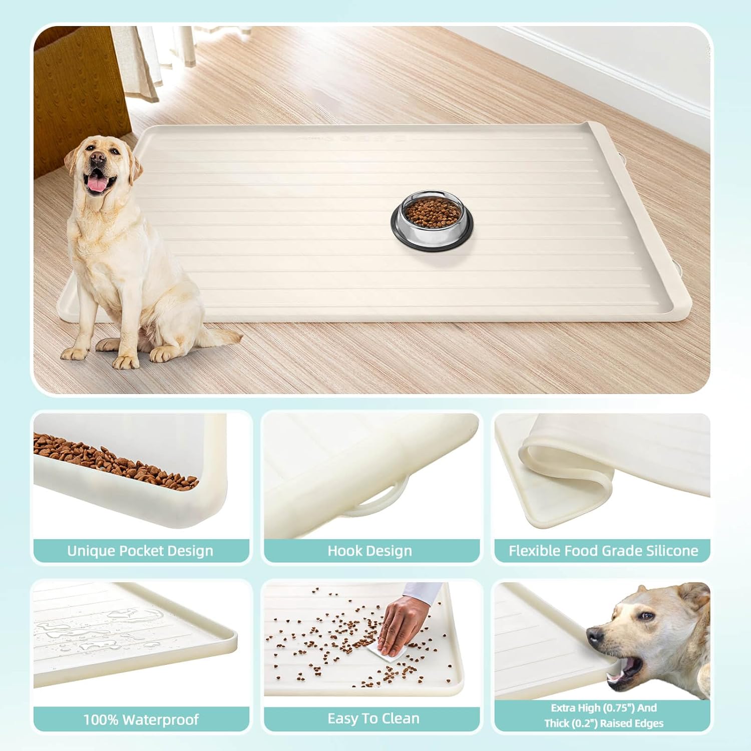 Dog Mat for Food and Water - 39.4" x 27" Large Pet Feeding Mats with Residue Collection Pocket - Waterproof Dog Cat Bowl Mat with High Edges to Prevent Water and Food Spills (Cream) - Pet Explorer