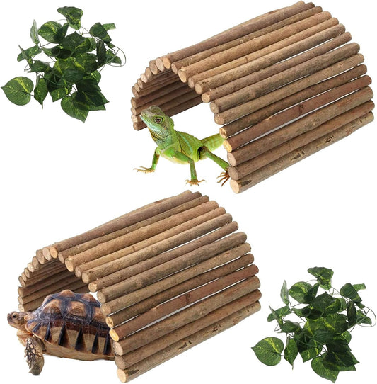 Hamiledyi 2 PCS Extra Large Wooden Reptile Hideout Bearded Dragon Bendy Bridge Climbing Ladder Hiding Hut Reptiles Hide Cave Habitat Decor for Lizards Gecko Spiders Snakes Tortoise(20" x 11.8") - Pet Explorer