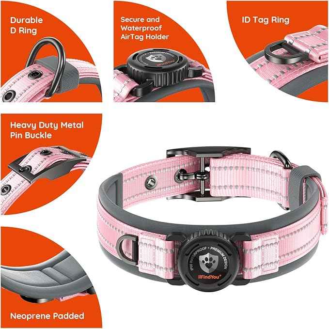 Upgraded AirTag Dog Collar with Holder, Waterproof Reflective Air Tag Dog Collar with Widened Comfortable Padding & Ultra-Durable Metal Buckle, Adjustable for Large Dogs (L, Pink)