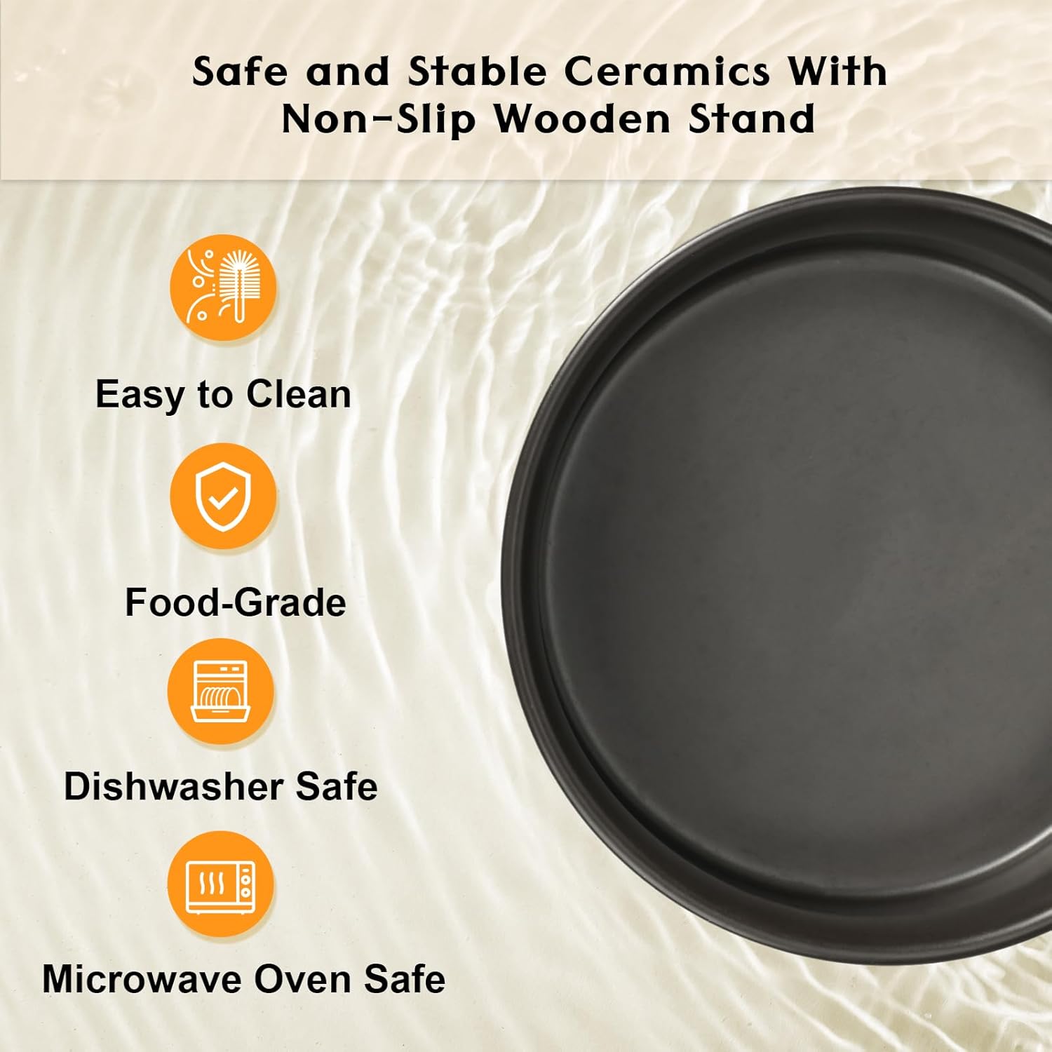 SPUNKYJUNKY Ceramic Elevated Dog Bowls 2 Pack - 6.1inch Raised Dog Bowls with Non-Slip Wooden Stand for Medium Dogs Dishwasher Safe(Black,28.7OZ*2) - Pet Explorer