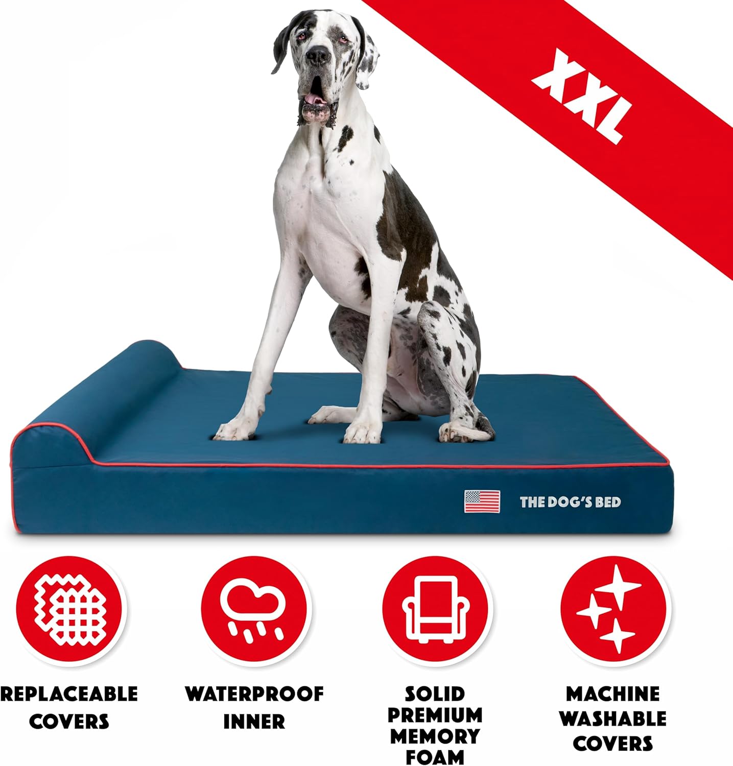 The Dog’s Bed Orthopedic Headrest Dog Bed XXL Blue Oxford with Red Trim US Flag 54x36, Memory Foam, Hip & Elbow Dysplasia, Post Surgery, Lameness, Veterinary Approved, Waterproof Washable Cover - Pet Explorer