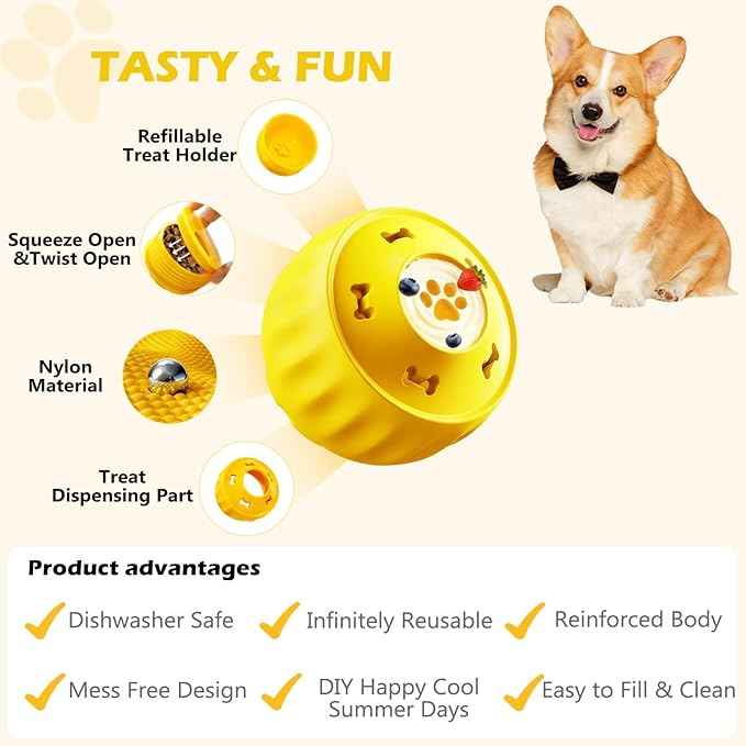 Frozen Treat Dispensing Dog Toy to Keep Them Busy, Interactive Indestructible Dog Puzzle Toy for Small Medium Breeds, Cognitive Dog Enrichment Toys Freezable - Yellow