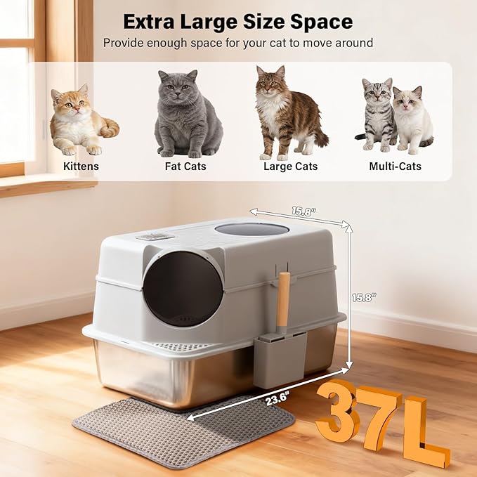 Stainless Steel Litter Box with Lid, XL Extra Large Enclosed Cat Litter Boxes for Big Cats, Front & Top Entry Metal Cat Litter Box with Litter Scoop & Litter Mat, Odor Free, Anti-Leakage