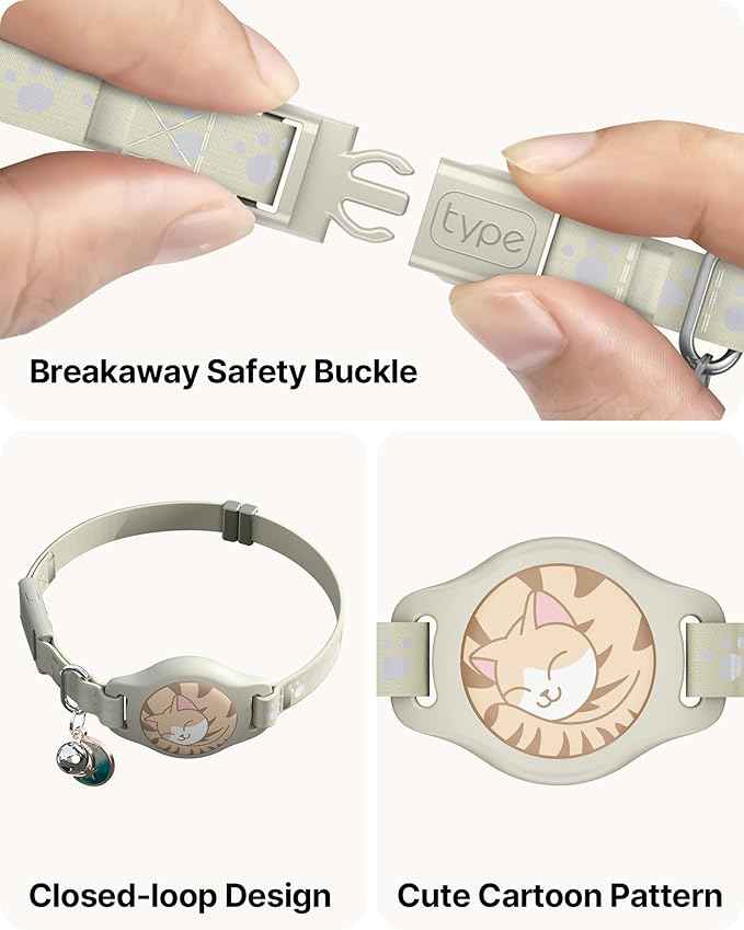 Cat Tracker Collar - Waterproof Airtag Cat Collar with Finder Tag (iOS ONLY), Compatible with Apple Find My, Breakaway Tractive Design with Reflective Pattern & Bell, Khaki(Not for Android Devices)