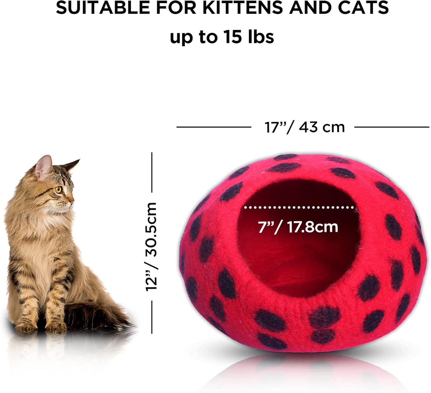 Woolygon Premium Felt Cat Cave Bed - Polka Dot Series - Wool Kitty Beds Handcrafted Kitten Caves Bed for Indoor Cats - Eco-Friendly Merino Wool, Foldable Cat Hideaway Cat Houses (Red/Black Dots) - Pet Explorer