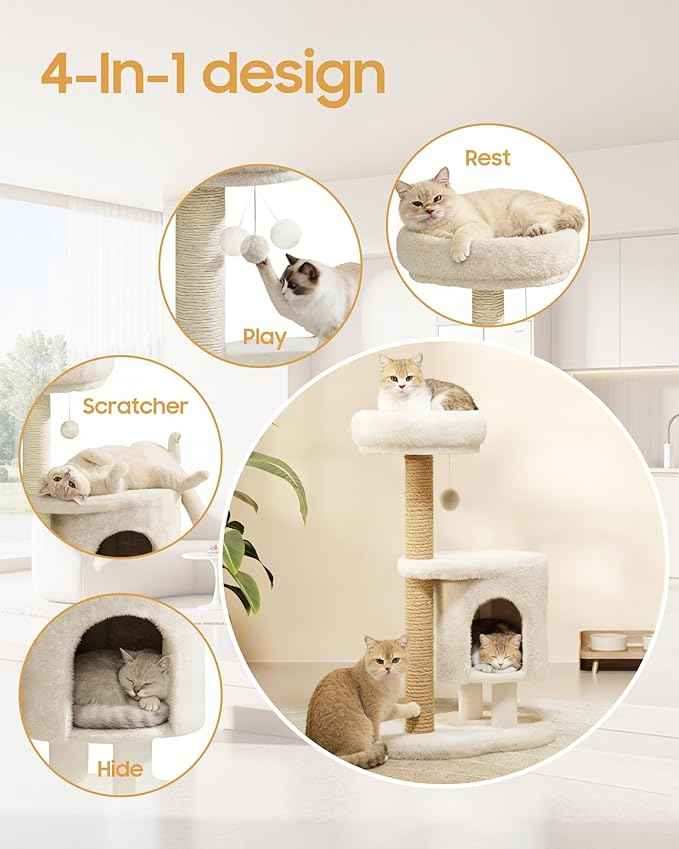 Cat Tree, 34.3 Inches Cat Tower with Scratching Post, Condo, Interactive Hanging Ball, Plush Perch for Indoor Large Cats, Beige
