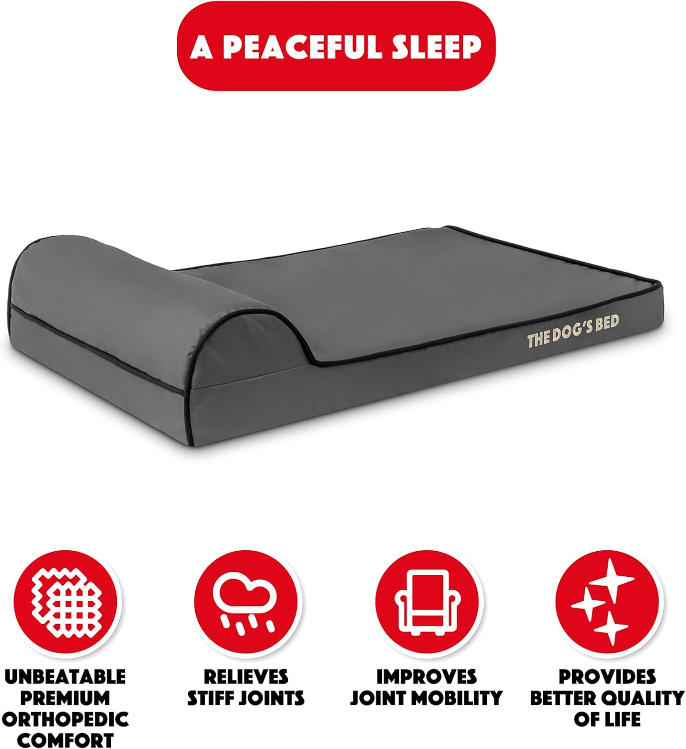 The Dog’s Bed Orthopedic Headrest Dog Bed Med Grey/Black 34x22, Memory Foam, Pain Relief: Arthritis, Hip & Elbow Dysplasia, Post Surgery, Lameness, Veterinary Approved, Waterproof Washable Cover - Pet Explorer