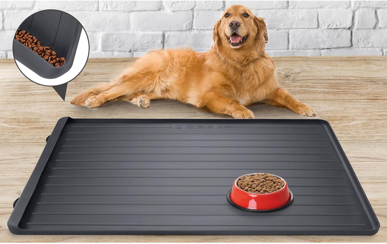 Dog Mat for Food and Water - 39.4" x 27" Large Pet Feeding Mats with Residue Collection Pocket - Waterproof Dog Cat Bowl Mat with High Edges to Prevent Water and Food Spills (Black) - Pet Explorer